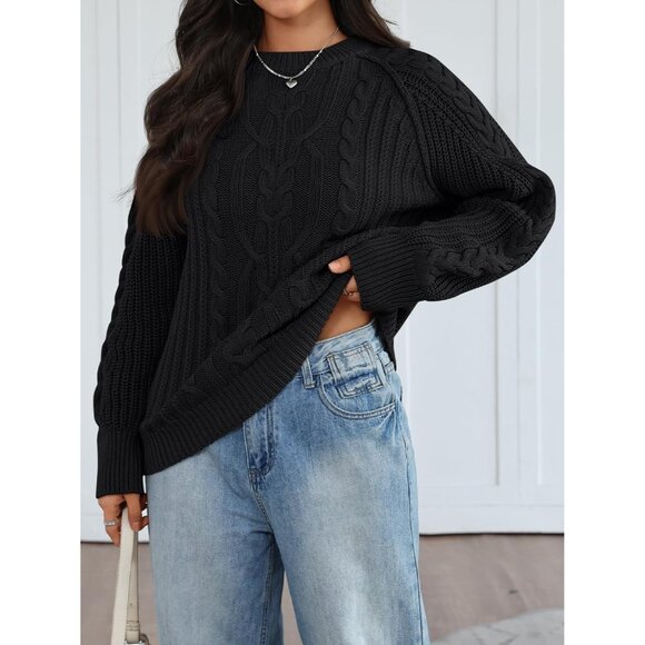 Women's Oversized Cable Knit Cotton Pullover Sweater Fall Casual Classic - Picture 3 of 6